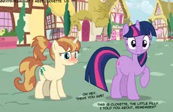 Size: 4356x2826 | Tagged: safe, artist:gypsykumquat, derpibooru import, edit, vector edit, twilight sparkle, oc, oc:clovette, pony, unicorn, comic:meet clovette, blushing, dialogue, embarrassed, horn, image, looking at you, png, ponyville, show accurate, smiling, smiling at you, talking to viewer, teenager, unicorn oc, vector