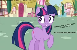 Size: 4356x2826 | Tagged: safe, artist:gypsykumquat, derpibooru import, edit, vector edit, twilight sparkle, oc, pony, unicorn, comic:meet clovette, dialogue, embarrassed, horn, image, png, ponyville, show accurate, smiling, talking to viewer, unicorn oc, vector