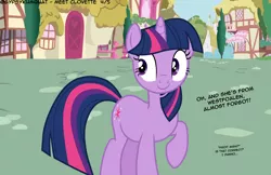 Size: 4356x2826 | Tagged: safe, artist:gypsykumquat, derpibooru import, edit, vector edit, twilight sparkle, pony, unicorn, comic:meet clovette, dialogue, embarrassed, image, png, ponyville, show accurate, smiling, talking to viewer, teenager, vector