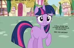 Size: 4356x2826 | Tagged: safe, artist:gypsykumquat, derpibooru import, edit, vector edit, twilight sparkle, pony, unicorn, comic:meet clovette, dialogue, image, looking at you, png, ponyville, show accurate, smiling, smiling at you, talking to viewer, vector