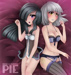 Size: 2243x2353 | Tagged: suggestive, artist:shellah, derpibooru import, limestone pie, marble pie, human, babydoll, belly button, bra, breasts, clothes, duo, female, humanized, image, jpeg, lingerie, nail polish, nightgown, panties, underwear