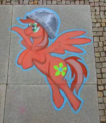 Size: 3612x4180 | Tagged: safe, alternate version, artist:malte279, derpibooru import, oc, oc:leafhelm, pegasus, pony, chalk, chalk drawing, clothes, galacon, galacon 2022, helmet, image, jpeg, simple background, solo, traditional art, wings