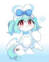 Size: 1624x2048 | Tagged: safe, artist:bubbletea, derpibooru import, oc, oc:uki, unofficial characters only, pegasus, pony, bow, cute, female, hair bow, heart, image, jpeg, looking at you, simple background, solo, waist wings, wings