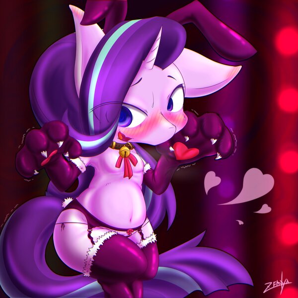 Size: 4096x4096 | Tagged: safe, artist:zemlya, derpibooru import, starlight glimmer, pony, unicorn, absurd resolution, bipedal, blushing, bunny ears, clothes, embarrassed, eye clipping through hair, eyebrows, eyebrows visible through hair, female, garter belt, image, jpeg, looking at you, mare, open mouth, open smile, signature, smiling, smiling at you, socks, solo, solo female, stockings, thigh highs