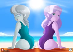 Size: 4960x3571 | Tagged: safe, artist:minusclass, derpibooru import, diamond tiara, silver spoon, human, equestria girls, absurd resolution, ass, beach, butt, clothes, diamond buttiara, duo, duo female, female, image, jpeg, looking at you, looking back, looking back at you, one-piece swimsuit, silverbutt, sitting, sun, swimsuit