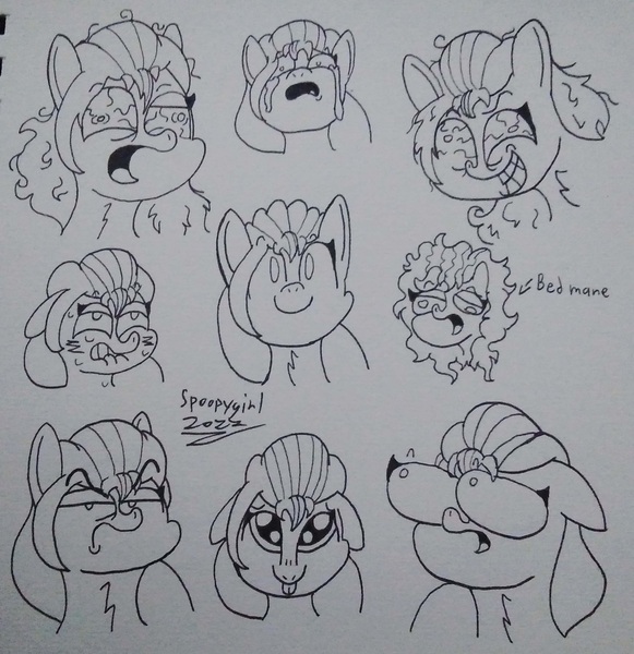 Size: 2608x2692 | Tagged: safe, artist:spoopygirl, derpibooru import, sunny starscout, earth pony, pony, bed mane, bloodshot eyes, bust, crying, eye bulging, g5, image, insanity, jpeg, lineart, monochrome, pencil drawing, sunny starscout is not amused, tongue out, traditional art, unamused