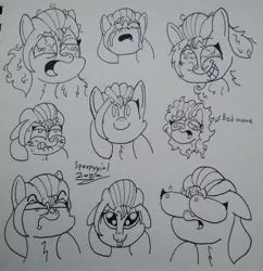 Size: 2608x2692 | Tagged: safe, artist:spoopygirl, derpibooru import, sunny starscout, earth pony, pony, bed mane, bloodshot eyes, bust, crying, eye bulging, g5, image, insanity, jpeg, lineart, monochrome, pencil drawing, sunny starscout is not amused, tongue out, traditional art, unamused