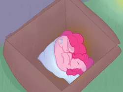 Size: 4000x3000 | Tagged: safe, artist:reinbou, derpibooru import, pinkie pie, earth pony, pony, box, grass, image, jpeg, light, pavement, pillow, rain, sleeping, solo