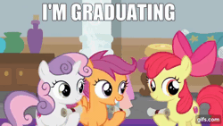 Size: 640x360 | Tagged: safe, derpibooru import, edit, edited screencap, editor:quoterific, screencap, apple bloom, scootaloo, sweetie belle, bird, earth pony, pegasus, pony, unicorn, marks for effort, season 8, spoiler:s08, animated, apple bloom's bow, bow, cutie mark crusaders, eyes closed, female, filly, flying, foal, gif, gifs.com, grin, hair bow, image, impact font, open mouth, open smile, school of friendship, scroll, smiling, spread wings, text, trio, wings