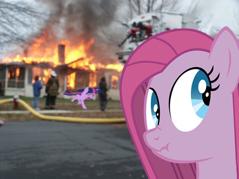 Size: 1800x1350 | Tagged: safe, derpibooru import, pinkie pie, twilight sparkle, human, disaster girl, fire, firefighter, house fire, image, irl, irl human, looking at you, looking back, photo, png, solo, this ended in fire