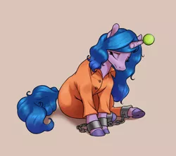 Size: 3600x3200 | Tagged: safe, artist:aquaticvibes, derpibooru import, izzy moonbow, ball, clothes, cuffs, eyes closed, g5, image, izzy's tennis ball, never doubt rainbowdash69's involvement, png, prison outfit, prisoner, sad, shackles, sitting, solo, tennis ball