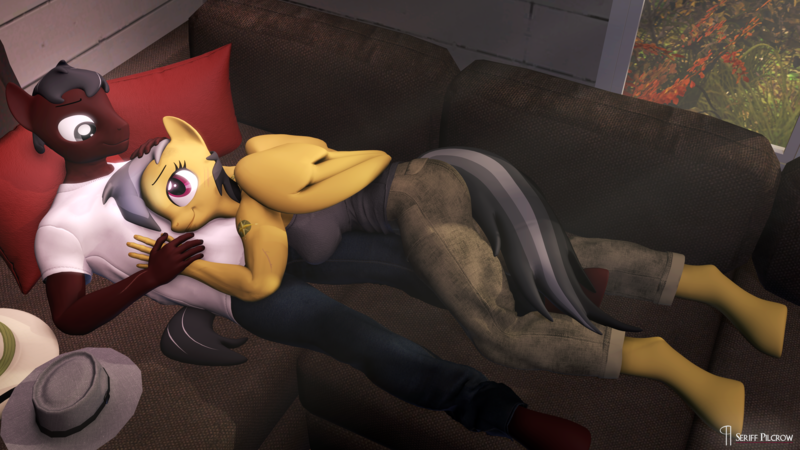 Size: 3840x2160 | Tagged: safe, artist:seriff-pilcrow, derpibooru import, daring do, oc, oc:phillip finder, anthro, earth pony, pegasus, unguligrade anthro, 3d, alternative cutie mark placement, cabin, canon x oc, clothes, couch, crepuscular rays, cuddling, denim, female, hat, holding hands, image, jeans, male, missing accessory, muscles, pants, pillow, pith helmet, png, scar, shipping, shirt, shoulder cutie mark, snuggling, source filmmaker, straight, t-shirt, tanktop, trilby, window