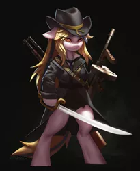 Size: 2275x2781 | Tagged: safe, derpibooru import, oc, unicorn, bounty hunter, cool, female, floppy ears, front view, gun, hat, huntress, image, long hair, oc：bertha icey windsor, overcoat, png, serious, solo, solo female, standing, sword, weapon
