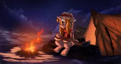 Size: 4067x2144 | Tagged: safe, derpibooru import, oc, oc:bertha icey windsor, unicorn, adventure time, adventurer, bandage, campfire, camping, desert, guitar, gun, image, lonely, musical instrument, night, png, sitting, solo, weapon