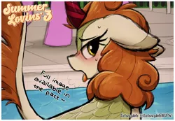 Size: 1300x900 | Tagged: suggestive, artist:selenophile, derpibooru import, autumn blaze, kirin, art pack:summer lovins', art pack:summer lovins' 3, advertisement, image, looking at you, png, swimming pool, tongue out