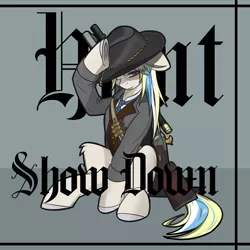 Size: 4000x4000 | Tagged: safe, derpibooru import, oc, oc:bertha icey windsor, unicorn, bounty hunter, gun, hat, huntress, image, jpeg, overcoat, sitting, solo, weapon