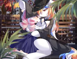 Size: 2997x2300 | Tagged: safe, derpibooru import, oc, oc:bertha icey windsor, oc:ram, clothes, curly hair, dress, female, floppy ears, forest, gun, hat, hug, image, long hair, overcoat, png, rain, siblings, sisters, sitting, tree, weapon