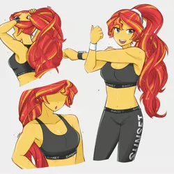 Size: 2894x2894 | Tagged: safe, artist:dragonemperror2810, derpibooru import, sunset shimmer, equestria girls, alternate hairstyle, belly button, breasts, clothes, gym uniform, image, jpeg, open mouth, ponytail, sweat, sweatdrops