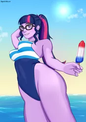 Size: 3500x5000 | Tagged: suggestive, artist:squishheart, derpibooru import, sci-twi, twilight sparkle, equestria girls, beach, big breasts, breasts, busty sci-twi, clothes, commissioner:branagain, dutch angle, food, glasses, huge breasts, ice cream, image, looking at you, one-piece swimsuit, png, swimsuit