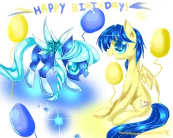 Size: 1500x1200 | Tagged: safe, artist:aquagalaxy, derpibooru import, oc, oc:jediel, oc:sapphire crescent, unofficial characters only, pegasus, pony, balloon, birthday, duo, image, png