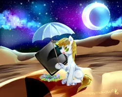 Size: 1500x1200 | Tagged: safe, artist:aquagalaxy, derpibooru import, oc, unofficial characters only, earth pony, pony, desert, eclipse, image, lunar eclipse, male, moon, png, solo, stallion, stars, umbrella, unshorn fetlocks