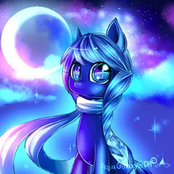 Size: 500x500 | Tagged: safe, artist:aquagalaxy, derpibooru import, oc, oc:sapphire crescent, unofficial characters only, pony, braid, clothes, image, moon, png, scarf, sitting, solo