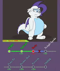 Size: 4800x5700 | Tagged: safe, artist:rupertbluefox, derpibooru import, rarity, dragon, series:mane6dragonsquestscaleybelly, absurd resolution, chubby, disappointed, dragoness, dragonified, fail, fat, fat fetish, female, fetish, frown, hand on belly, image, incentive drive, lidded eyes, png, progress, raridragon, species swap, this will end in weight gain