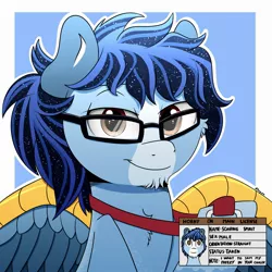 Size: 2000x2000 | Tagged: safe, artist:h3nger, derpibooru import, oc, oc:soaring spirit, unofficial characters only, pegasus, pony, abstract background, chest fluff, chin fluff, coat markings, colored wings, commission, facial markings, glasses, horny on main, id card, image, jpeg, license, male, multicolored hair, multicolored mane, multicolored wings, pegasus oc, socks (coat marking), solo, spread wings, stallion, wing brace, wings