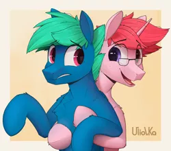 Size: 3084x2709 | Tagged: safe, artist:uliovka, derpibooru import, oc, oc:basura, oc:supermoix, unofficial characters only, pegasus, pony, unicorn, concerned, glasses, heterochromia, hug, image, male, png, simple background, smiling, stallion, yellow background