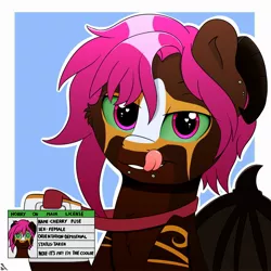 Size: 2000x2000 | Tagged: safe, artist:h3nger, derpibooru import, oc, oc:cherry fuse, unofficial characters only, pony, succubus, succubus pony, abstract background, bat wings, coat markings, colored pupils, facial markings, female, goat horns, horns, horny on main, id card, image, jpeg, license, licking, licking lips, looking at you, mare, piercing, solo, tongue out, wings