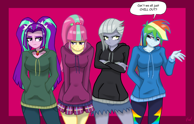 Size: 3403x2169 | Tagged: safe, artist:lennondash, derpibooru import, aria blaze, limestone pie, rainbow dash, sour sweet, equestria girls, clothes, denim, denim skirt, equestria girls-ified, female, gem, high res, hoodie, image, limetsun pie, pants, pigtails, png, simple background, siren gem, skirt, sourdere, speech bubble, tsundaria, tsunderainbow, tsundere, twintails