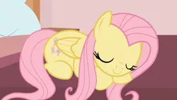 Size: 1920x1080 | Tagged: safe, artist:forgalorga, derpibooru import, fluttershy, pegasus, pony, bed, cute, eyes closed, female, image, mare, pillow, png, shyabetes, sleeping, smiling, solo, wings, your little cat 3