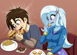 Size: 3700x2671 | Tagged: safe, artist:ameliacostanza, derpibooru import, trixie, human, equestria girls, burger, clothes, commission, crackers, crossover, donut, eating, fast food, food, high res, image, jpeg, marvel, open mouth, peter parker, pizza, plate, shirt, sitting, skirt, spider-man, table, teenager