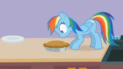 Size: 1920x1080 | Tagged: safe, artist:forgalorga, derpibooru import, rainbow dash, pegasus, pony, crouching, female, food, image, kitchen, mare, pie, plate, png, sink, sniffing, solo, your little cat 3