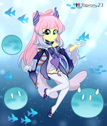 Size: 1760x2073 | Tagged: safe, artist:tabrony23, derpibooru import, fluttershy, equestria girls, beautiful, breasts, busty fluttershy, clothes, cosplay, costume, crossover, cute, dress, female, genshin impact, gloves, grin, image, looking at you, patreon, patreon logo, pigtails, png, sandals, sangonomiya kokomi (genshin impact), shoes, show accurate, shyabetes, signature, slimes (genshin impact), smiling, smiling at you, socks, solo, thigh highs, video game crossover, water
