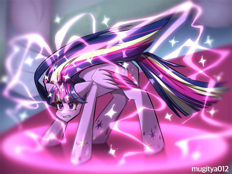 Size: 2048x1536 | Tagged: safe, artist:mugitya012, derpibooru import, twilight sparkle, twilight sparkle (alicorn), alicorn, pony, female, folded wings, horn, image, jpeg, magic, magic aura, mare, solo, sparkles, wings