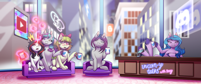 Size: 2487x1043 | Tagged: safe, artist:digitaldrawingmachine, derpibooru import, izzy moonbow, oc, oc:aguamelon, oc:luz, oc:oscuridad, oc:rol fanatic, earth pony, pegasus, pony, unicorn, my little pony: a new generation, blogger, city, coffee cup, cup, dexterous hooves, discord (program), facebook, fit right in (g5), floating, g5, glasses, glow, glowing horn, horn, image, interview, magic, magic aura, meta, microphone, png, ponylatino, telekinesis, twitter, unicorn-y talks with izzy, youtube