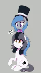 Size: 473x840 | Tagged: safe, artist:thebatfang, derpibooru import, oc, oc:hattsy, oc:lucky roll, unofficial characters only, bat pony, earth pony, pony, aggie.io, bow, female, hat, image, mare, png, raised hoof, simple background, sitting, smiling, top hat