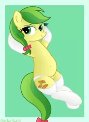 Size: 2974x4032 | Tagged: suggestive, artist:rainbowšpekgs, derpibooru import, apple fritter, earth pony, pony, apple family member, bedroom eyes, belly, belly button, bow, chubby, clothes, cute, female, high res, hooves, hooves behind head, image, looking at you, mare, panties, png, sexy, simple background, smiling, socks, solo, stretching, underwear