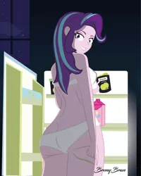 Size: 3301x4134 | Tagged: suggestive, artist:bronybran, derpibooru import, starlight glimmer, equestria girls, ass, bra, breasts, butt, chips, clothes, cute, cutie mark, female, food, glimmer glutes, glimmerbetes, image, jpeg, looking at you, looking back, looking back at you, milk, night, panties, refrigerator, smiling, solo, solo female, underwear, white bra, white panties, white underwear