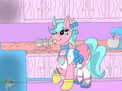 Size: 1600x1200 | Tagged: safe, artist:gray star, derpibooru import, oc, oc:candy chip, cyborg, unicorn, baker, bow, collar, cupcake, derpibooru exclusive, food, hair bow, image, oven mitts, png, stove