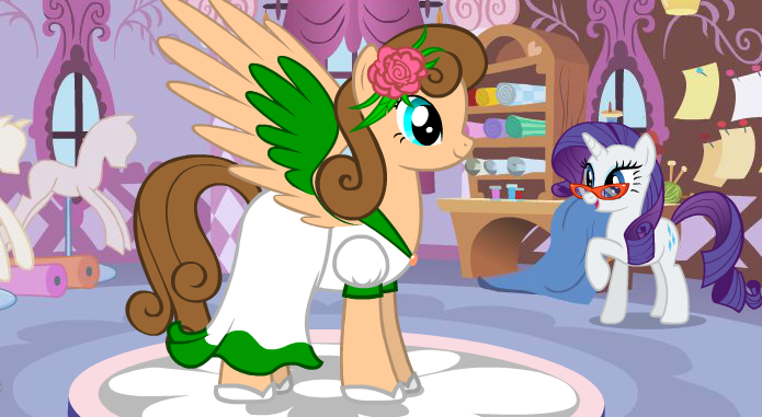 Size: 695x381 | Tagged: safe, artist:healercharm, derpibooru import, rarity, oc, oc:jade butterfly, pegasus, pony, unicorn, carousel boutique, clothes, dress, fabric, female, flower, glasses, horn, image, mannequin, mare, marriage, png, raised hoof, rarity's glasses, rose, shoes, spread wings, thread, wedding, wedding dress, window, wings