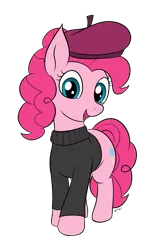 Size: 923x1409 | Tagged: safe, artist:wapamario63, derpibooru import, pinkie pie, earth pony, pony, beret, clothes, colored, cute, female, flat colors, full body, hat, image, looking at you, mare, open mouth, open smile, png, signature, simple background, smiling, smiling at you, solo, standing, sweater, transparent background, turtleneck