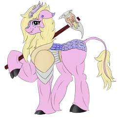 Size: 1600x1600 | Tagged: safe, artist:gray star, derpibooru import, oc, oc:perri, unofficial characters only, kirin, armor, blonde, blue eyes, chest fluff, dungeons and dragons, fantasy class, female, hammer, image, knight, muscles, paladin, pen and paper rpg, png, rpg, scales, simple background, smiling, solo, transparent background, warrior