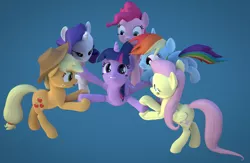 Size: 4000x2600 | Tagged: safe, artist:wissle, derpibooru import, applejack, fluttershy, pinkie pie, rainbow dash, rarity, twilight sparkle, alicorn, earth pony, pegasus, pony, unicorn, 3d, atg 2022, bedroom eyes, biting, blender, competition, eyes on the prize, female, flying, high res, image, lesbian, lip bite, looking at you, mane six, mare, newbie artist training grounds, not sure if want, open mouth, png, pulling, shipping, simple background, tail, tail bite, tail pull, twilight sparkle gets all the mares