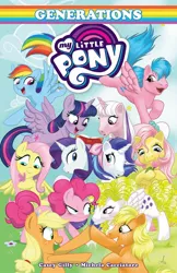 Size: 1400x2156 | Tagged: safe, derpibooru import, idw, official, applejack, applejack (g1), firefly, fluttershy, glory, pinkie pie, posey, rainbow dash, rarity, surprise, twilight (g1), twilight sparkle, butterfly, insect, my little pony: generations, bow, flower, g1, g4, hair bow, image, jpeg, official comic