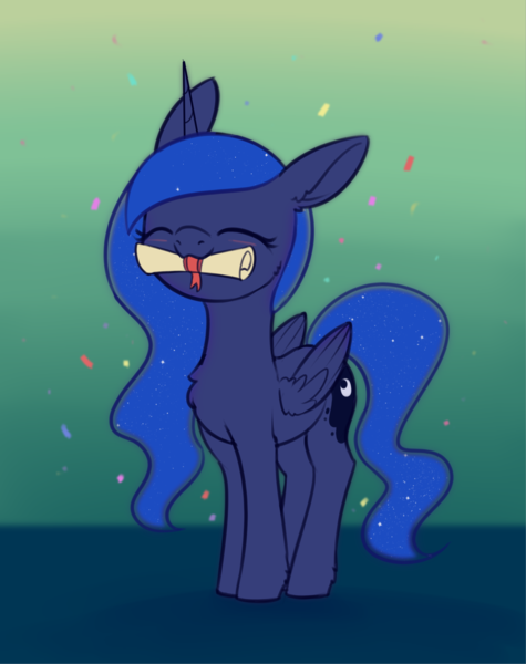 Size: 1778x2247 | Tagged: safe, artist:dusthiel, derpibooru import, princess luna, alicorn, pony, atg 2022, confetti, cute, eyes closed, image, lunabetes, mouth hold, newbie artist training grounds, png, scroll, solo