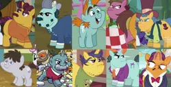 Size: 2048x1045 | Tagged: safe, derpibooru import, edit, edited screencap, screencap, brickhouse, claude, coriander cumin, kingpin, leadnail mccolt, mint condition, port wine, rarity, snips, stinky bottom, sweetie belle, truffle shuffle, unnamed character, unnamed pony, earth pony, pony, unicorn, boast busters, inspiration manifestation, made in manehattan, stranger than fan fiction, the gift of the maud pie, spoiler:comic, bucktooth, clothes, colt, comparison, fat, female, foal, hat, image, jpeg, male, mccolt family, stallion