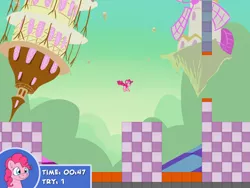 Size: 450x338 | Tagged: safe, derpibooru import, pinkie pie, earth pony, pony, chaos, discorded landscape, female, game, image, jumping, mare, pixel art, png, ponyville, text, town hall