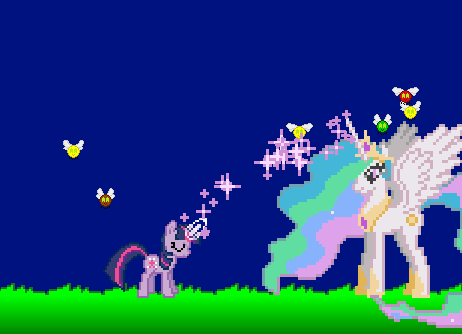 Size: 462x334 | Tagged: safe, artist:infinitydash, derpibooru import, princess celestia, twilight sparkle, alicorn, parasprite, pony, unicorn, season 1, swarm of the century, clothes, crown, female, flying, game, grass, horn, image, jewelry, magic, mare, png, regalia, shoes, sky, sparkles, spread wings, unicorn twilight, wings